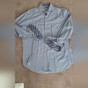 Thomas Dean BlueWhite Micro Check Dress Shirt W/ Contrast Srtipe Collar Sz Lg